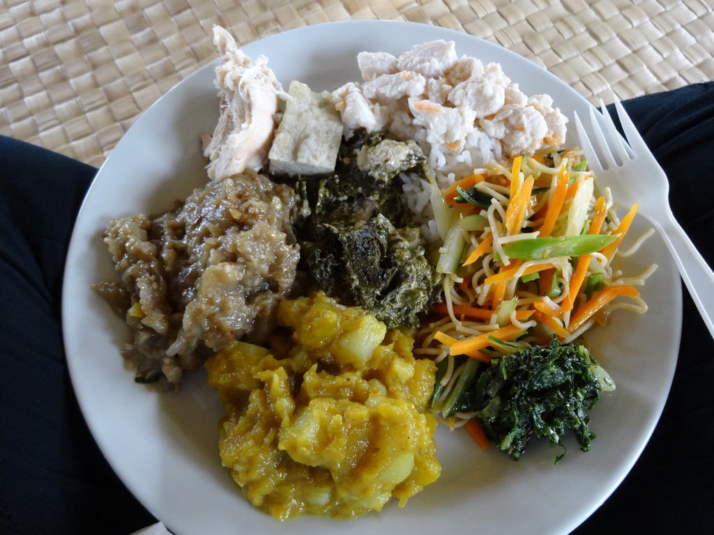 Lunch Chicken and taro root from the Lovo fish cooked with lemon juice and mixed with coconut cream taro root and coconut cream eggplant pumpkin curry fried cabbage and stirfried vegetables Koromakawa Village Fiji