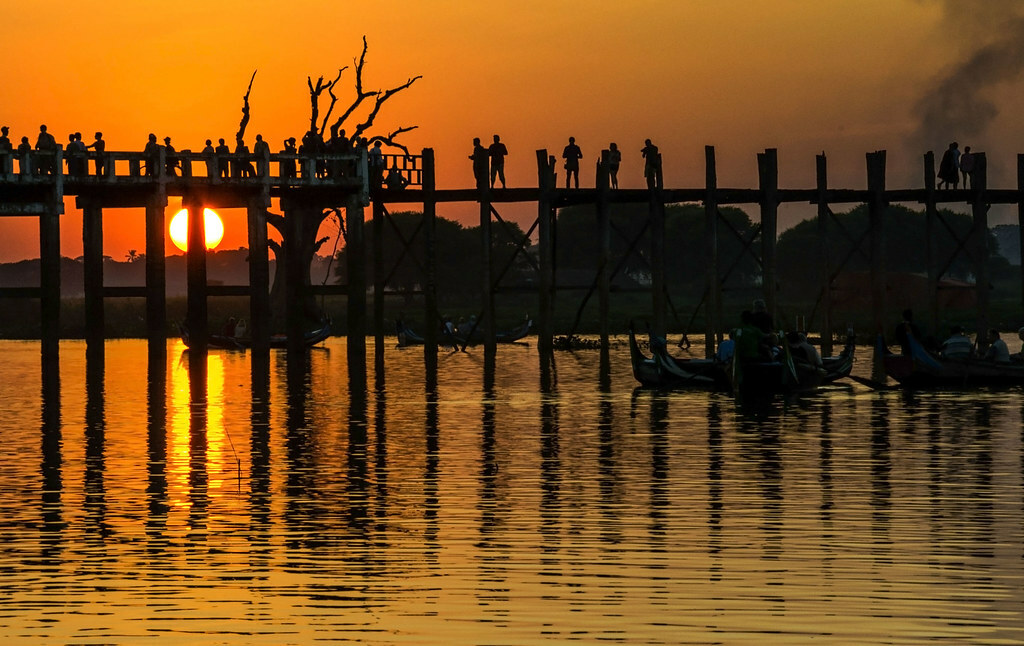 The sunset at Burma Mandalay U-Bein Bridge