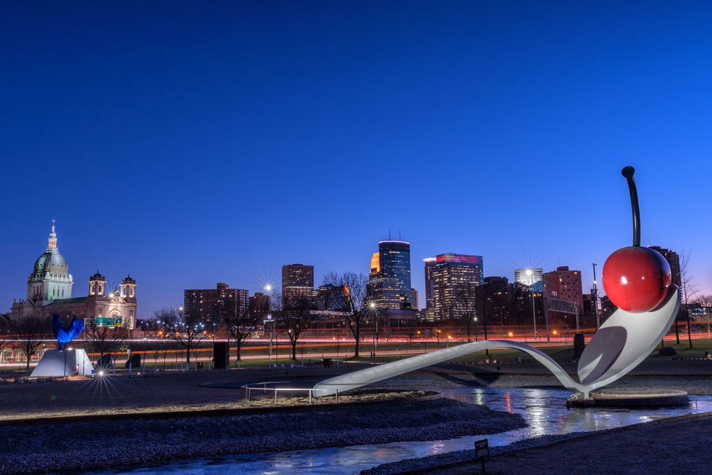Spoonbridge and Cherry at dawn by Claes Oldenburg Coosje van Bruggen, Walker Art Center, Minneapolis MN