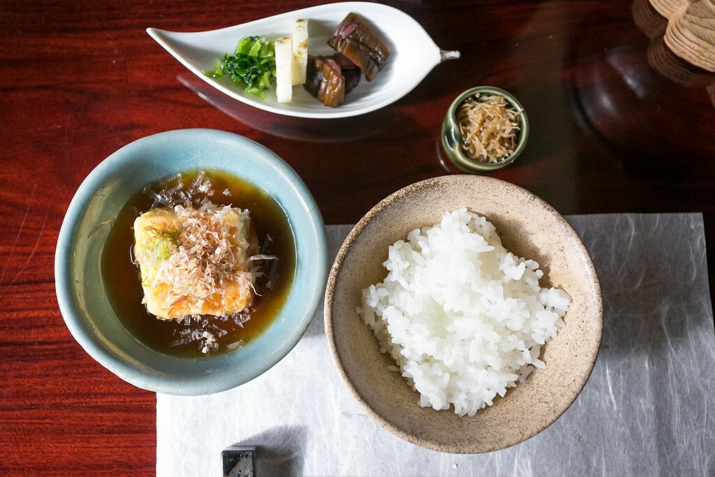 Rice, Pickles, Agedashi Tofu