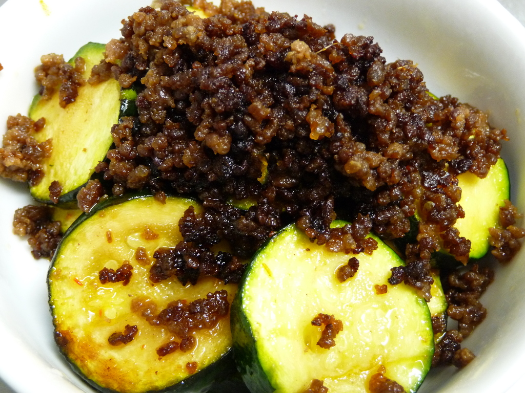 Stir-Fried Zucchini and Ground Pork seasoned with Tobanchan and Soy sauce