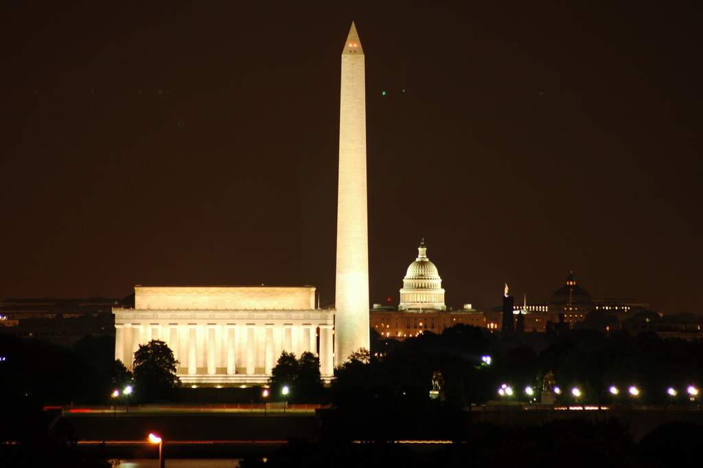 The Lincoln Memorial, Washington Monument and the US Capital at night