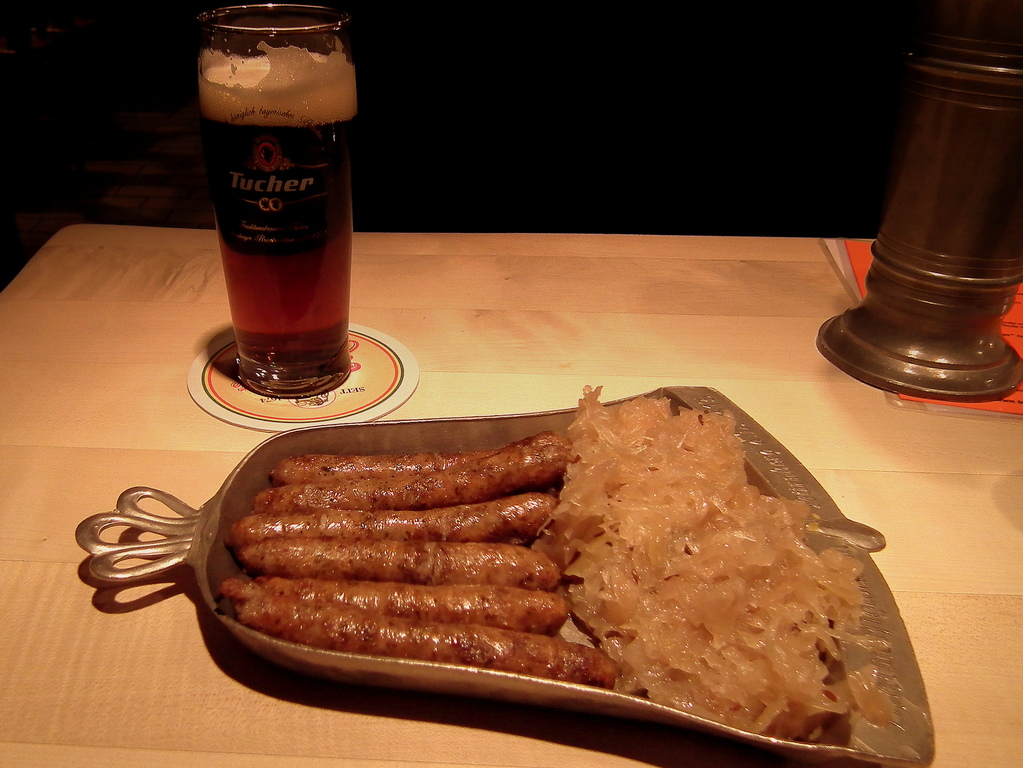 NUREMBERGER PORK SAUSAGES AND TUCHER BEER NUREMBERG OLD TOWN GERMANY APRIL 2012 (6944171488)