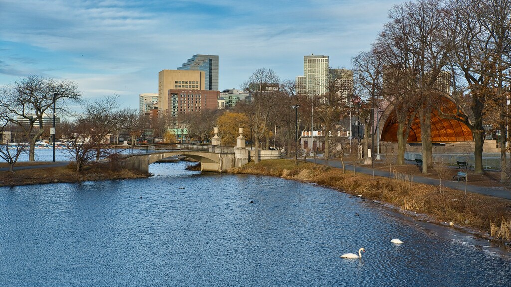 View from a Charles River Esplanade footbridge near the Hatch Shell