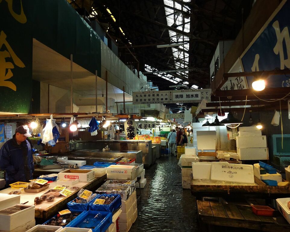 Storage and selling aisle at the Tsukiji fish market, Tokyo, Japan