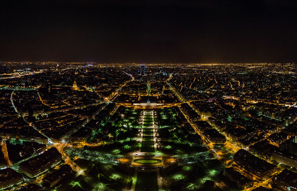 A standard panorama from the Eiffel Tower (level 3) at night facing SE