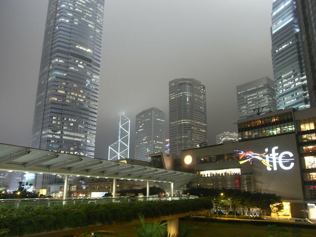 HK Central fog night IFC mall footbridge