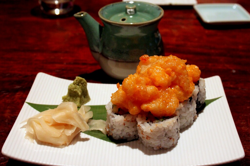 Tuna roll with glazed shrimp, ginger and wasabi