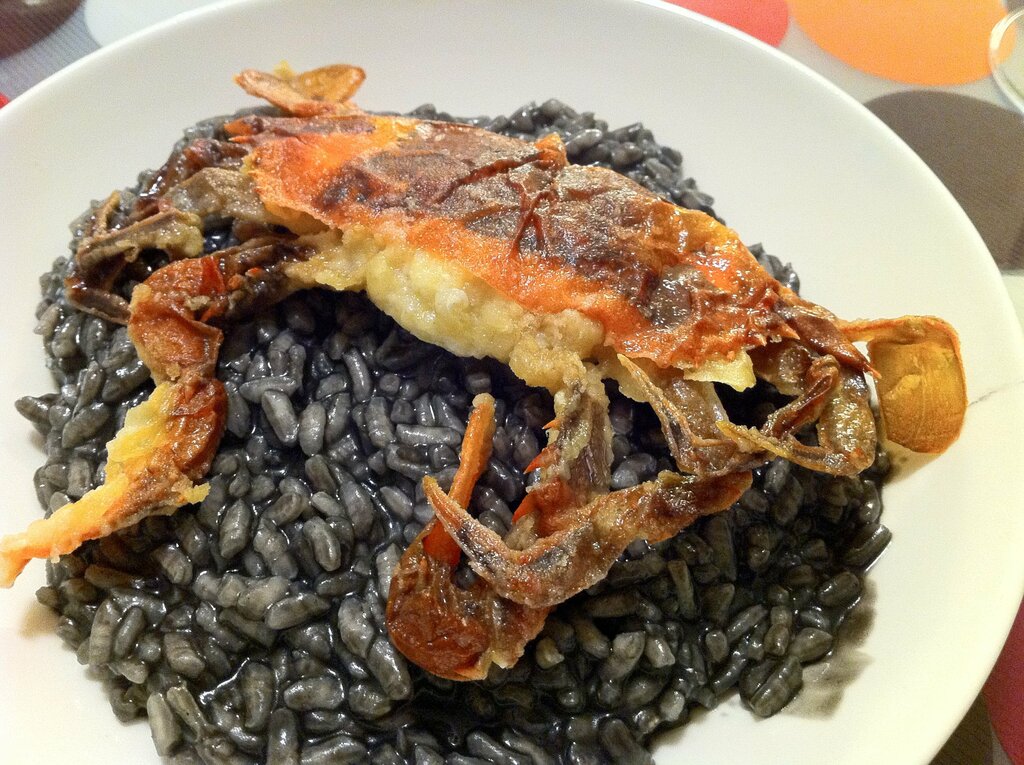 soft-shell crab & squid-ink risotto