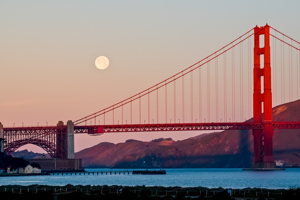 Golden Gate Bridge at Night with Full Moon