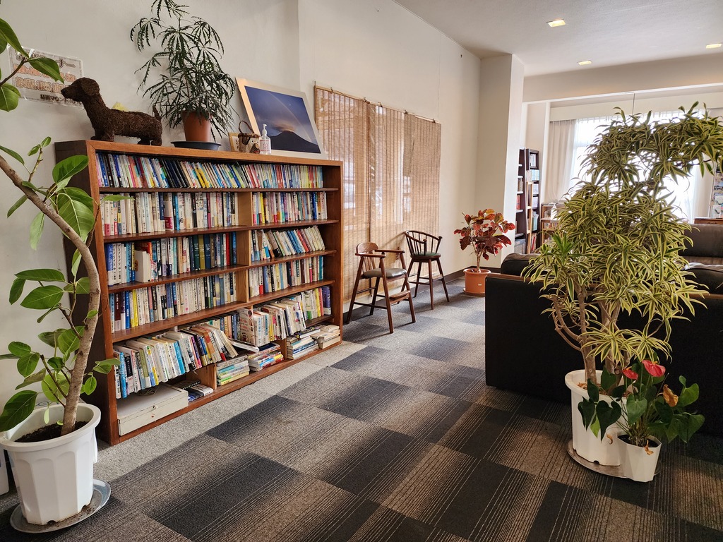 Lounging area with a lot of books